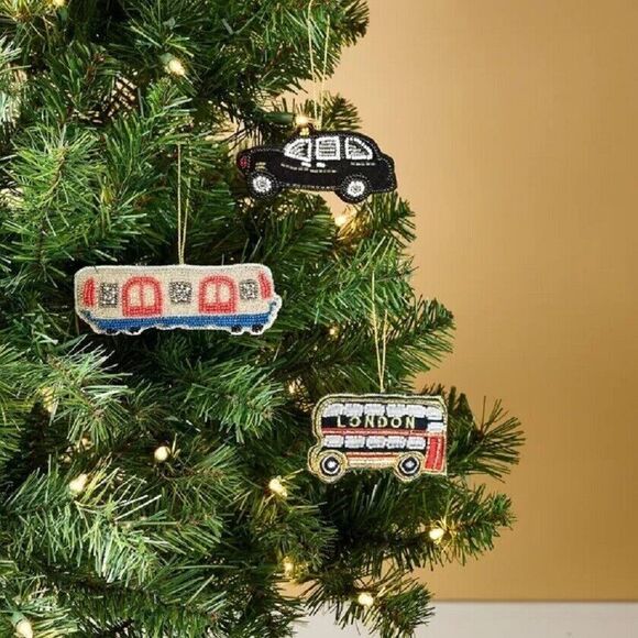 Marks & Spencer Ornament Beaded Velvet British Cab Bus Tube Christmas Lot of 3 - Picture 1 of 2